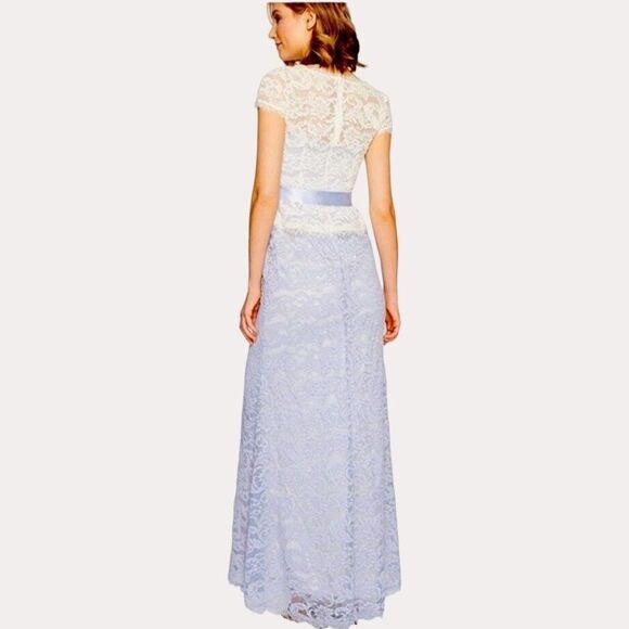 Adrianna Papell Nouveau Scroll Lace Gown Dress Maxi Periwinkle Ivory 10 - Picture 2 of 11